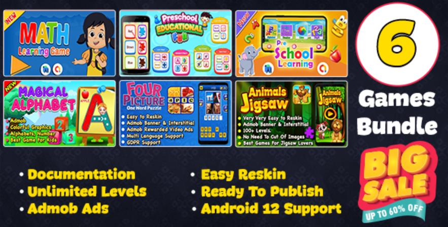 Pacote 6 jogos educativos para crianças + prontos para publicação